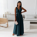 Langes Damen Kleid V-Ausschnitt, Einfarbig, Elegant für Partys & Alltag