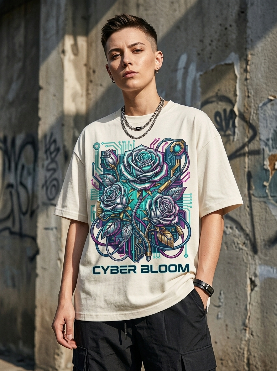 Oversized-T-Shirt Cyber Bloom - Getragen