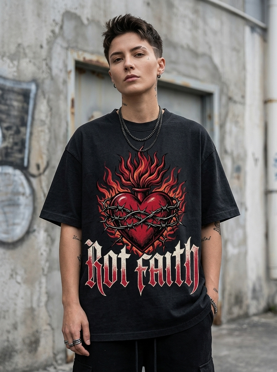 Oversized-T-Shirt Rot Faith - Getragen