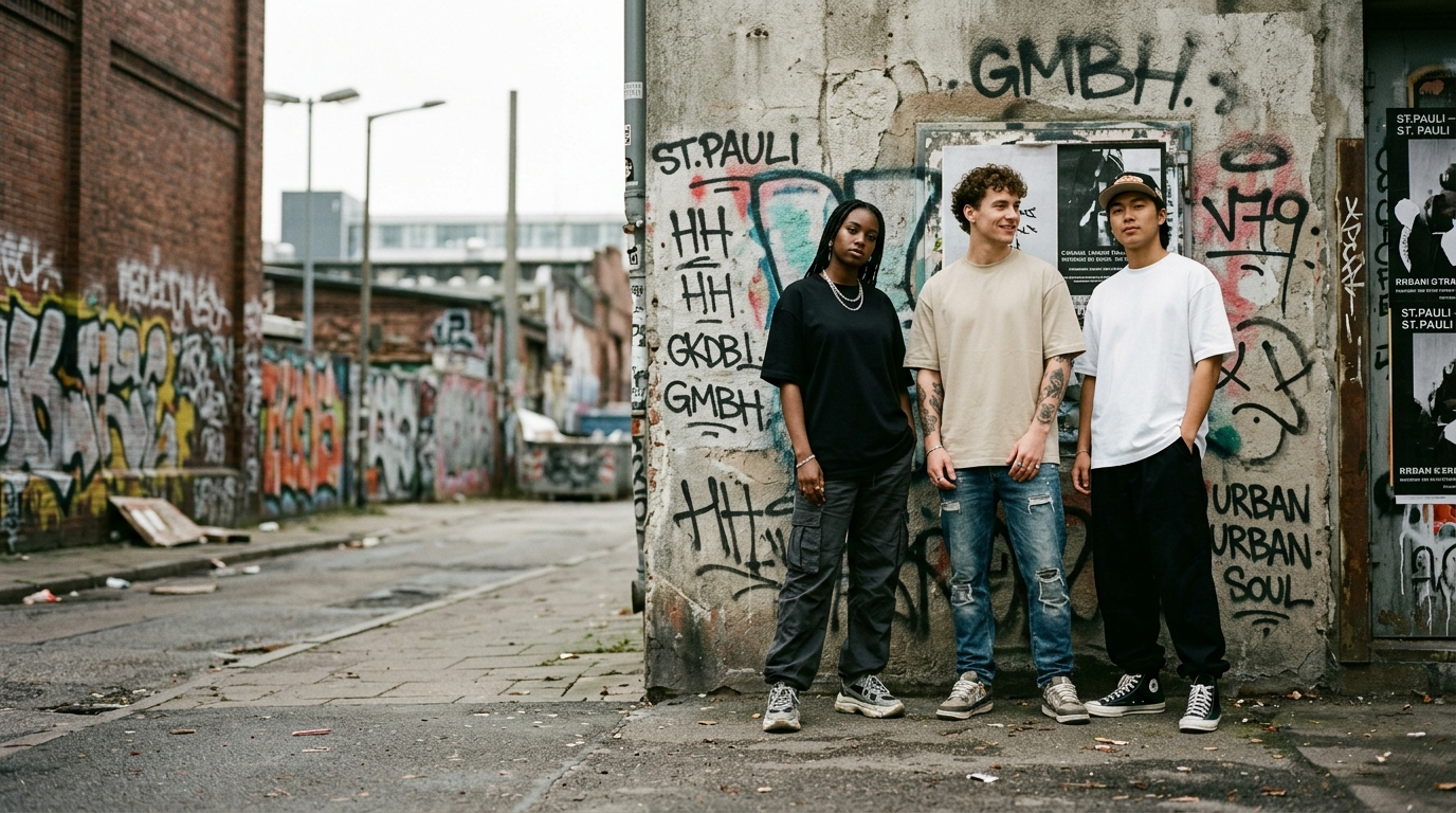 VogtWear Streetwear Kampagne – Modelle in Oversized T-Shirts vor Hamburger Graffiti-Wand
