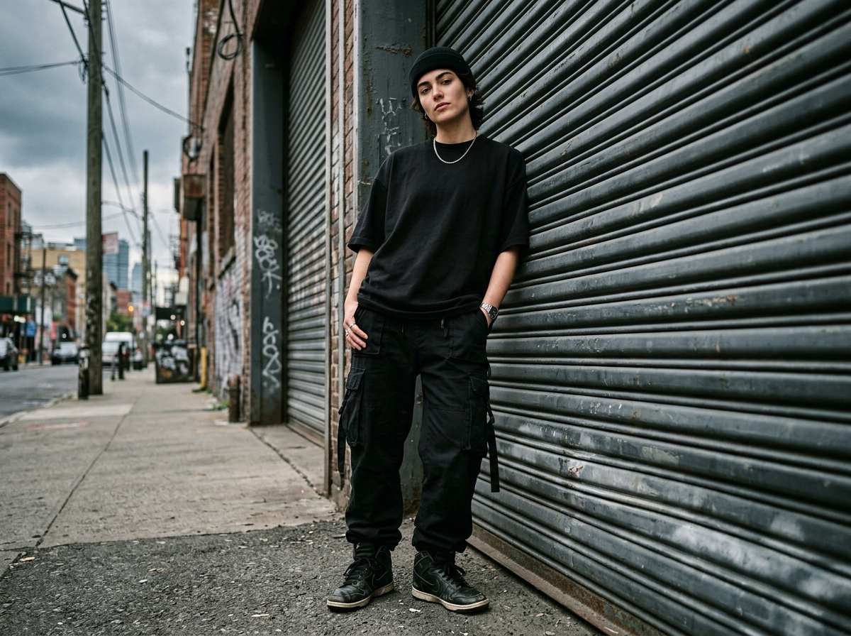 Model in Oversized Streetwear T-Shirt von VogtWear an einer Industrietür
